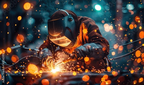 Skilled working metal welder in action, sparkling bokeh photo