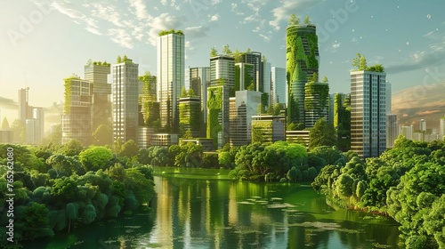 Futuristic eco-friendly smart city with renewable energy sources  green buildings  3D render