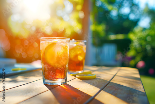 Close-Up Cold Glass Of Iced Tea And Lemonade On A Sunny Table In Home Interior, Iced Tea Beverage Photography, Drinks Menu Style Photo Image