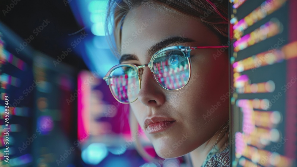 Focused Female Programmer with Reflective Code Screens. A tech-savvy woman reviews complex code on computer monitors, reflecting on her glasses in a dark room. Focused Female Programmer with Reflective Code Screens. A tech-savvy woman reviews complex code on computer monitors, reflecting on her glasses in a dark room.