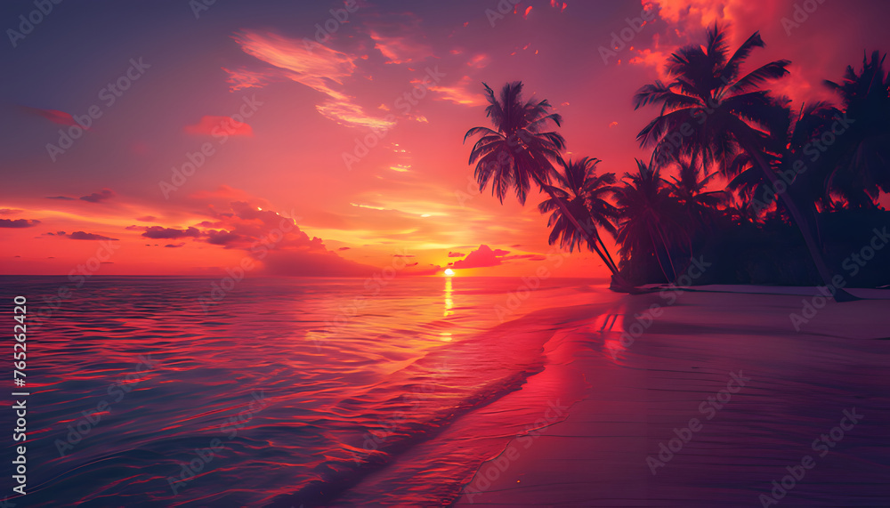 The sun is setting on the sandy beach, where there are calm waves and palm trees.. Generative AI