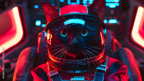 A professionally trained cat is on board a spacecraft waiting to depart. Generative AI