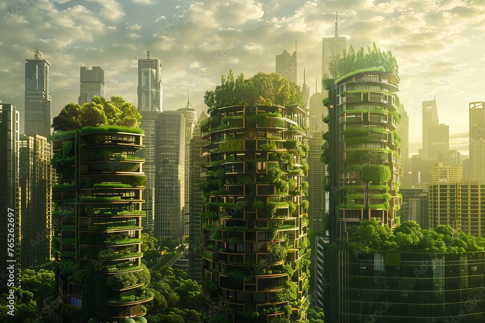 A futuristic cityscape including tall buildings with integrated smart systems for sustainable living, rooftop gardens, and green technology
