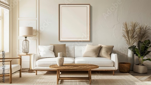 mockup of framed art print in modern living room with neutral colored walls