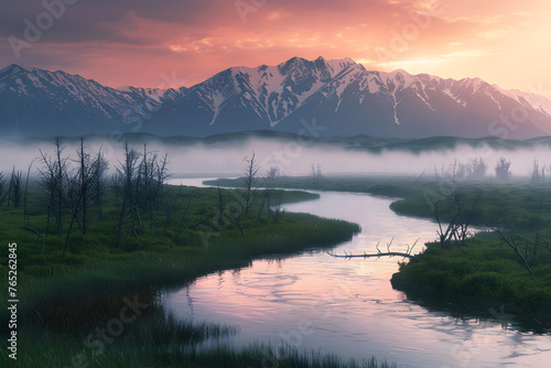 Glorious Dawn: A Serene River Slicing Through a Lush Valley with Majestic Mountains in the Backdrop