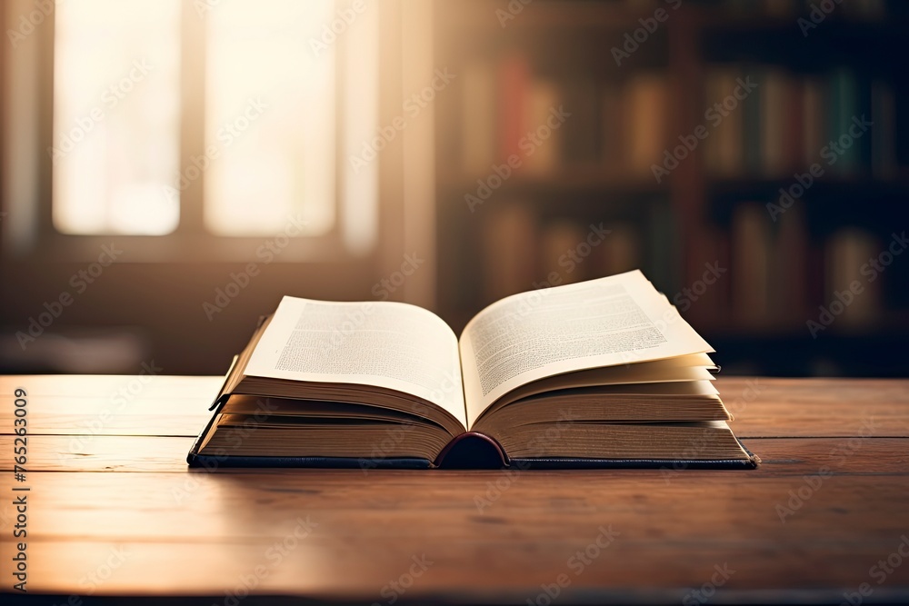 Book in library with open textbook,education learning concept and copy space - generative ai Book in library with open textbook,education learning concept and copy space - generative ai