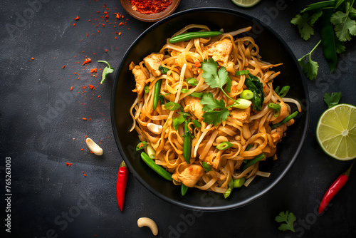 Close-Up Freshly Made Chicken Pad Thai Noodles Horizontal Top View In Restaurant Interior, Asian Food Photography, Food Menu Style Photo Image