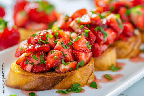 Close-Up Delicious Bruschetta Topped With Fresh Strawberries On A White Plate In Food Restaurant Interior, Food Photography, Food Menu Style Photo Image