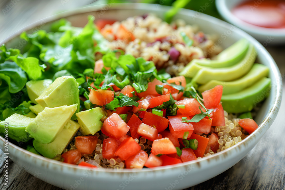 Close-Up Delicious Bowl With Fresh Salsa, Avocado, Lettuce, And Quinoa In Home Interior, Food Photography, Food Menu Style Photo Image Close-Up Delicious Bowl With Fresh Salsa, Avocado, Lettuce, And Quinoa In Home Interior, Food Photography, Food Menu Style Photo Image