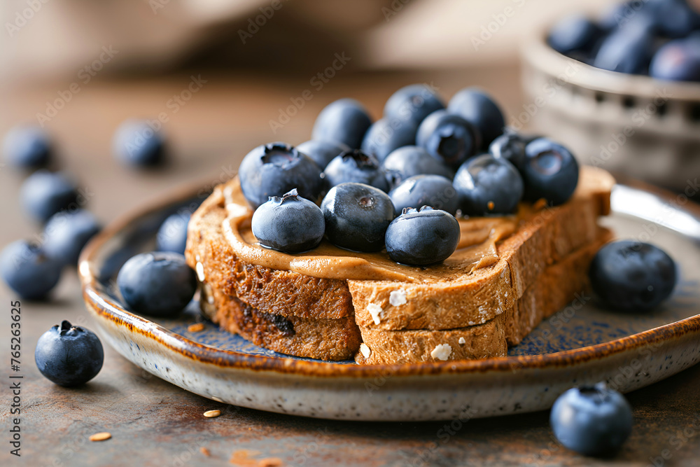 Close-Up Delicious Blueberry-topped Almond Butter On Whole Grain Toast In Food Restaurant Interior, Food Photography, Food Menu Style Photo Image Close-Up Delicious Blueberry-topped Almond Butter On Whole Grain Toast In Food Restaurant Interior, Food Photography, Food Menu Style Photo Image