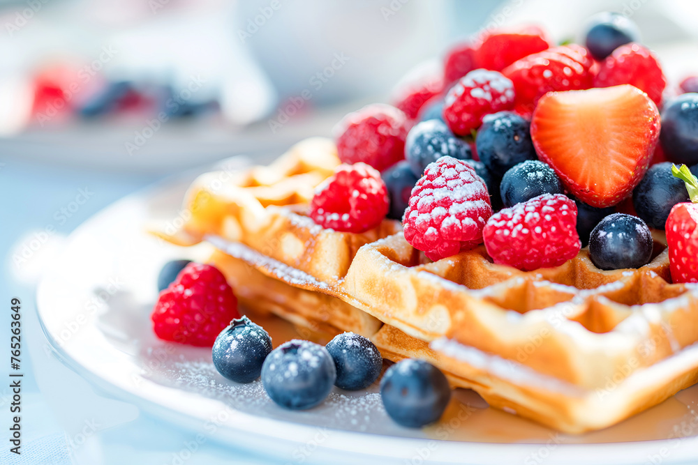 Close-Up Freshly Made Belgian Waffles On A White Plate Topped With Fresh Berries In Home Interior, Bakery Food Photography, Food Menu Style Photo Image Close-Up Freshly Made Belgian Waffles On A White Plate Topped With Fresh Berries In Home Interior, Bakery Food Photography, Food Menu Style Photo Image