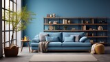 A blue living room furnished with a sofa and shelf
