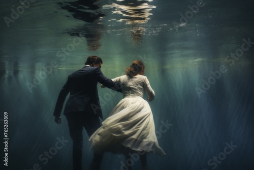 groom and bride, drowning in water