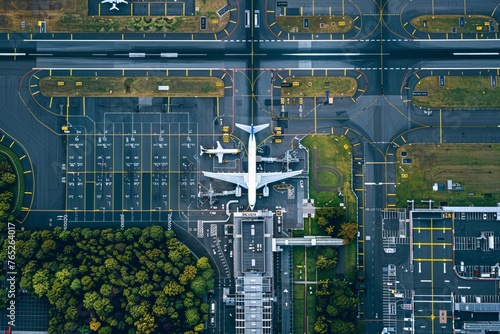 Aerial view of a modern airport with multiple runways, taxiways, and aircraft parked at gates, surrounded by infrastructure such as control towers, hangars, and maintenance facilities.