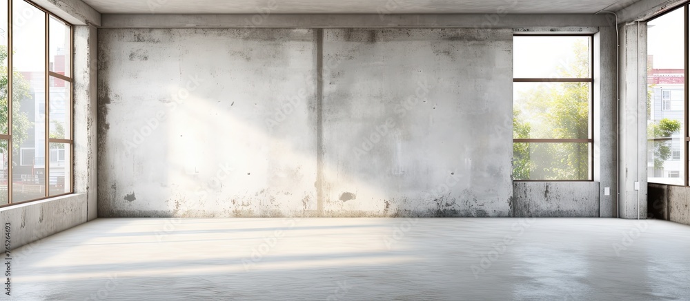 An unfurnished room features a spacious window and sturdy concrete wall An unfurnished room features a spacious window and sturdy concrete wall