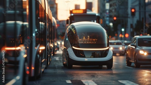 In the streets electric vehicles and public transportation systems seamlessly move through traffic all powered by solar energy. The . AI generation. © Justlight