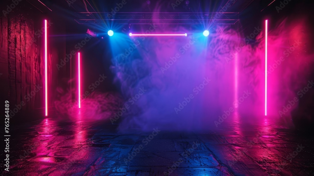 Empty dark stage with neon lights and smoke in abstract photography style