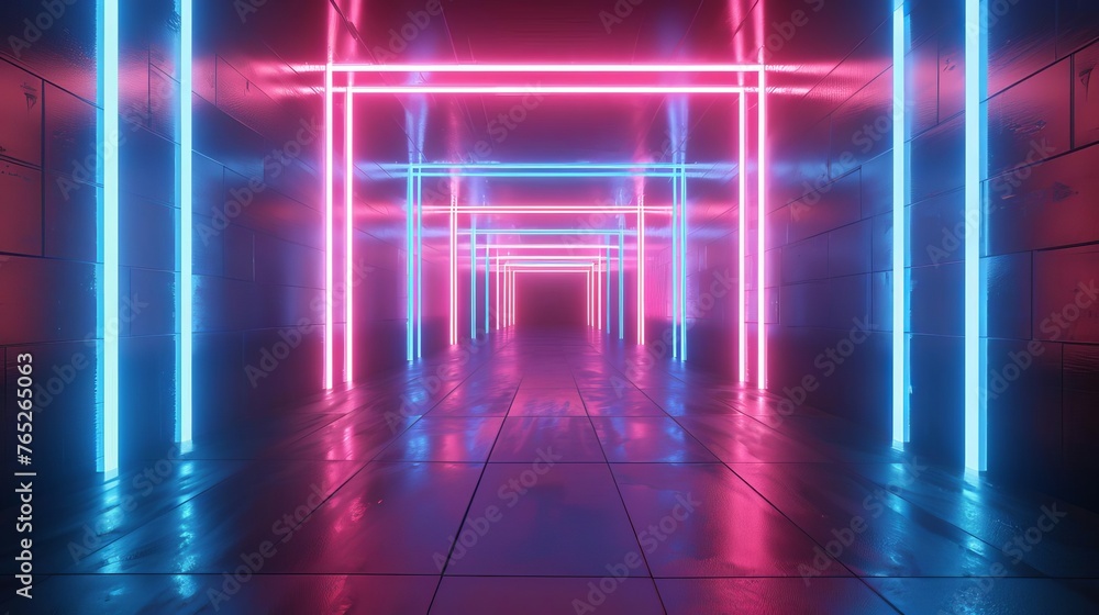 Intense speed tunnel with pulsating neon lights, giving a sense of rapid motion - Abstract 3D illustration Intense speed tunnel with pulsating neon lights, giving a sense of rapid motion - Abstract 3D illustration