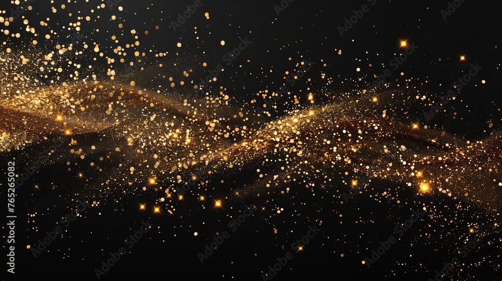Luxury gold glitter sparkle explosion on black background, festive abstract