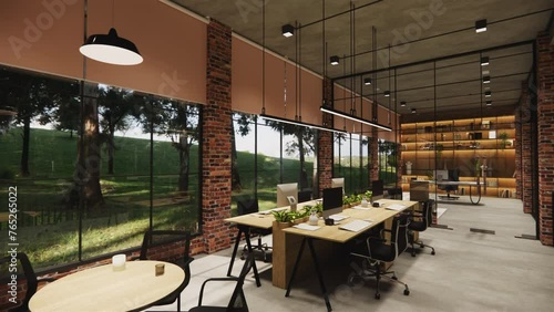 nterior Empty Modern Loft Office open space modern office footage.Modern open concept Lobby and reception area meeting room design.4k .3d Rendering 