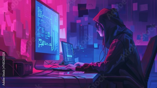 Hooded hacker at computer committing digital cybercrime, dramatic concept illustration