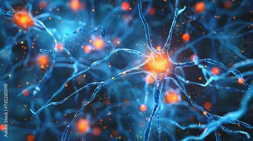 Human brain neurons firing with neural extensions, close-up scientific concept illustration