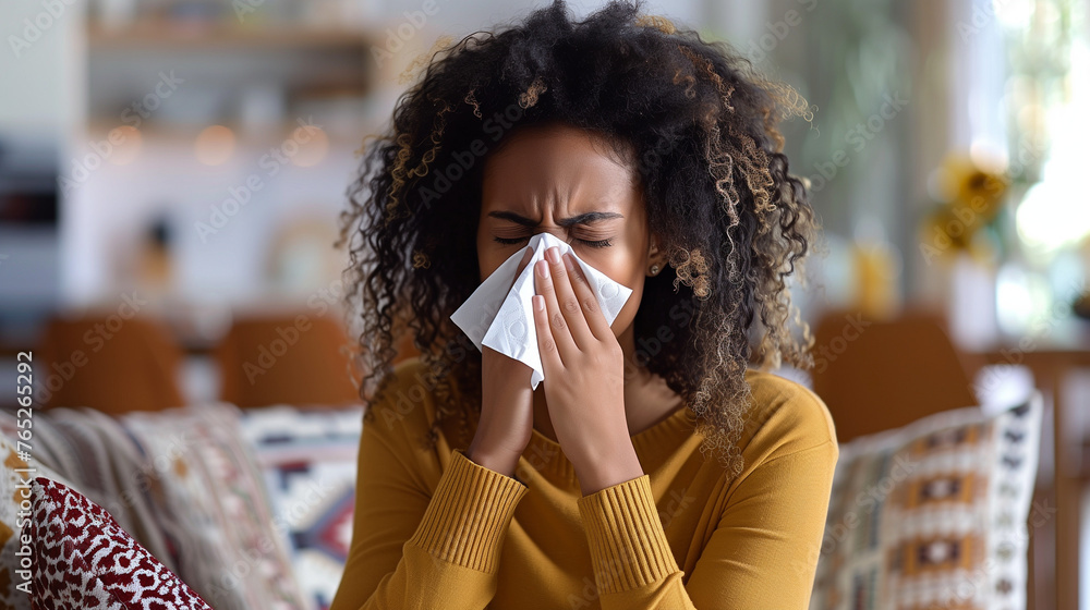 A woman sick with a cold or allergies with a tissue held up to her nose.  - obrazy, fototapety, plakaty 