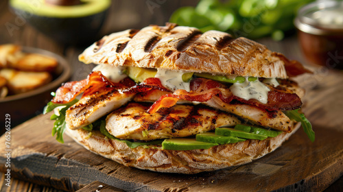 Grilled chicken avocado sandwich with crispy bacon and ranch dressing on ciabatta bread