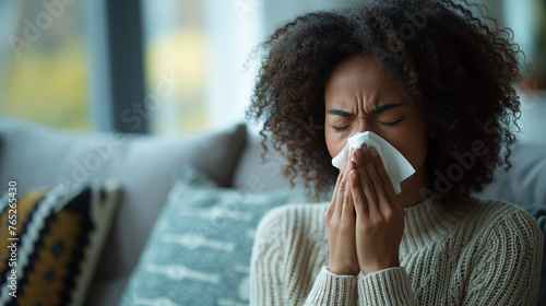 A woman sick with a cold or allergies with a tissue held up to her nose.  photo