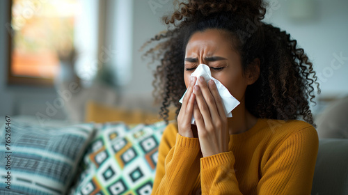 A woman sick with a cold or allergies with a tissue held up to her nose.  photo