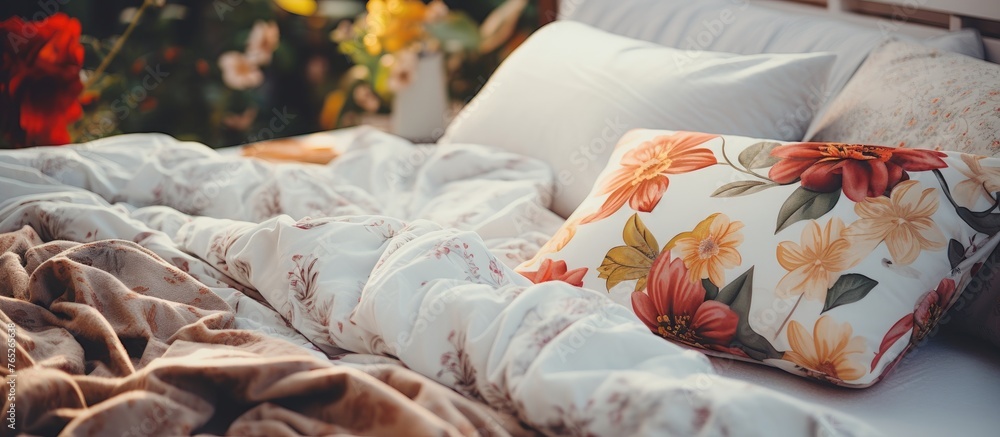 A cozy bed adorned with a soft blanket and fluffy pillows, inviting human bodies to rest comfortably after a long day. The room exudes warmth and comfort, with art pieces hanging on the walls A cozy bed adorned with a soft blanket and fluffy pillows, inviting human bodies to rest comfortably after a long day. The room exudes warmth and comfort, with art pieces hanging on the walls