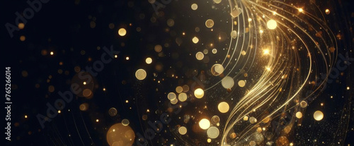 Partículas de brillo dorado fondo abstracto.Bokeh de partículas de brillo de luz dorada de Navidad sobre fondo negro marino. Concepto de vacaciones. Fondo abstracto con partículas de oro.	 photo