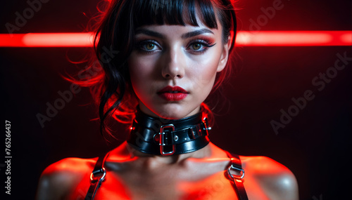 BDSM, Frau in Leder Dessous vor rotem Neonlicht