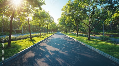 Empty street, green city park with blue sky. Pathway and beautiful trees track for running or walking and cycling relax in park on green grass field on the side. Sunlight and flare background concept