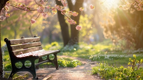 romantic bench in peaceful park in spring photo