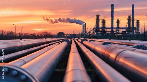 steel long pipes in crude oil factory during sunset