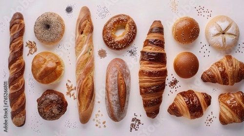 Bakery - various kinds of breadstuff. Bread rolls, baguette, bagel, sweet bun and croissant captured from above