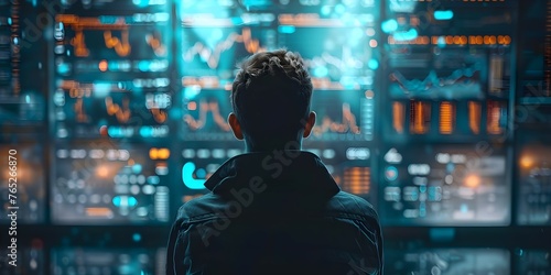 A man using a holographic trading interface for cyber security data analysis and investment research. Concept Holographic Interface, Cyber Security, Data Analysis, Investment Research, Technology