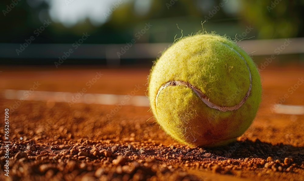 A tennis ball lying on a clay tennis court at a sunny day