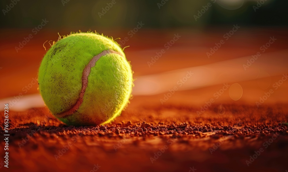 A tennis ball lying on a clay tennis court at a sunny day