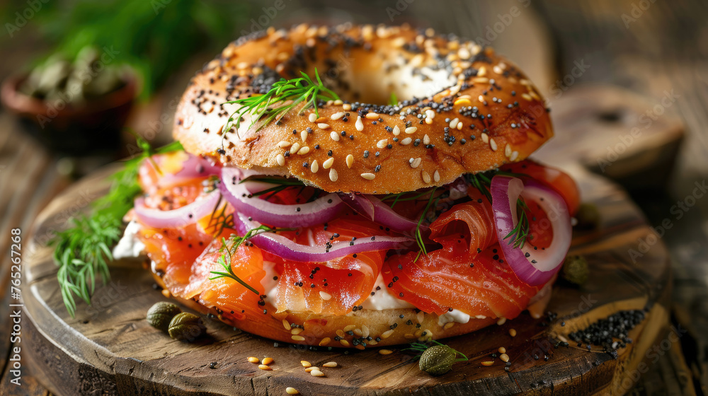 Smoked salmon bagel sandwich with cream cheese, red onion, capers, and fresh dill, Smoked salmon bagel sandwich with cream cheese, red onion, capers, and fresh dill,