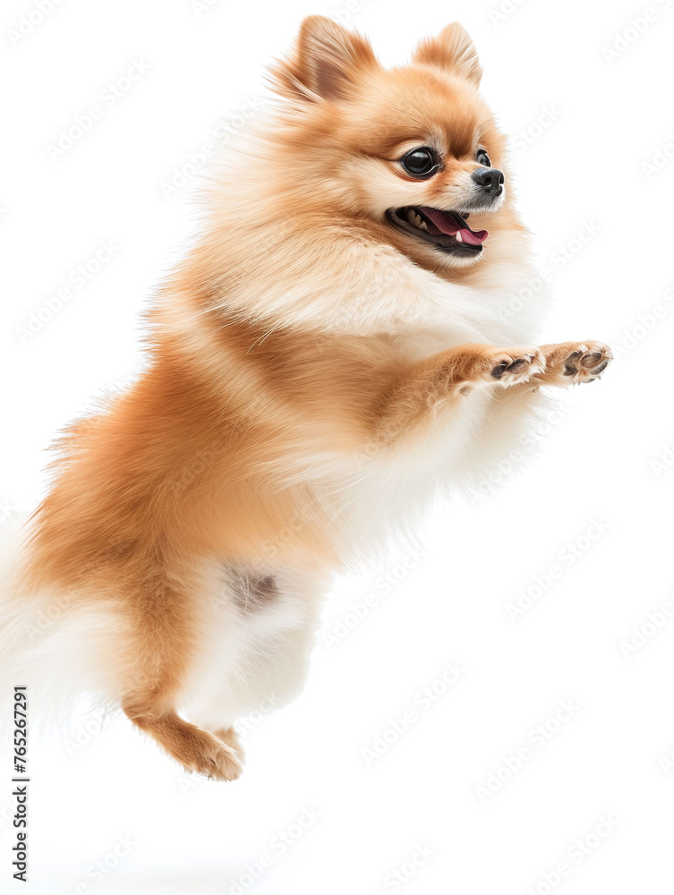 Cute little pomeranian dog running and jumping on white background, side view shot.