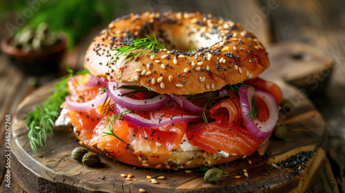 Smoked salmon bagel sandwich with cream cheese, red onion, capers, and fresh dill,