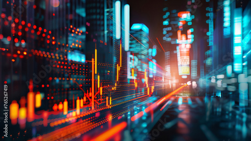 Vibrant cityscape overlaid with stock market data. Perfect for business analysis. Ideal for financial websites, reports, presentations, or articles focusing on market trends.