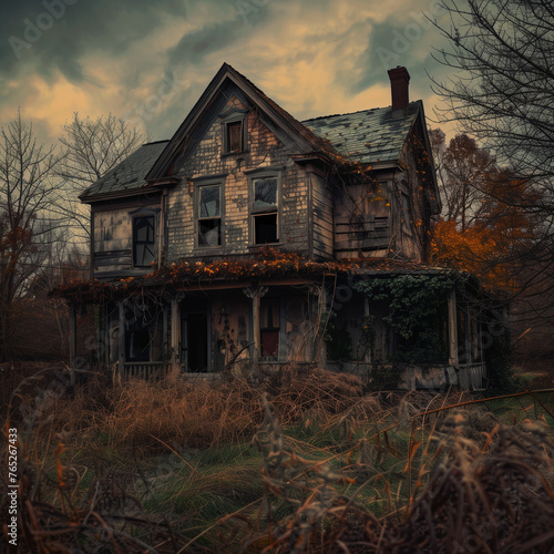 Abandoned Haunted House in Autumn Twilight