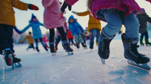 A group of children are spinning and gliding across the ice trying to impress the judges with their graceful skating skills. Some are holding hands helping each other stay