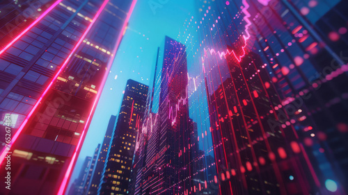 Futuristic cityscape intertwined with stock market graphics  depicting urban vitality and economic trends. Ideal for finance  tech  or urban development content.