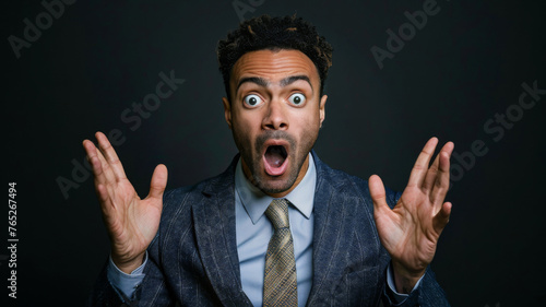 A startled businessman with an excited gesture captures surprise, suitable for unexpected business successes, announcements, or engaging marketing content about achievements and surprising news.