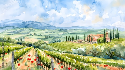 Landscape with traditional stone house with stunning vineyard. Watercolor or aquarelle painting illustration. Landscape with traditional stone house with stunning vineyard. Watercolor or aquarelle pai © Ziyan