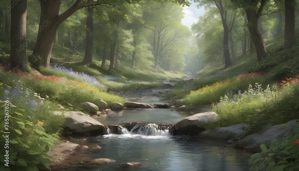 Visualize A Tranquil Woodland Glen With A Bubbling Upscaled 3